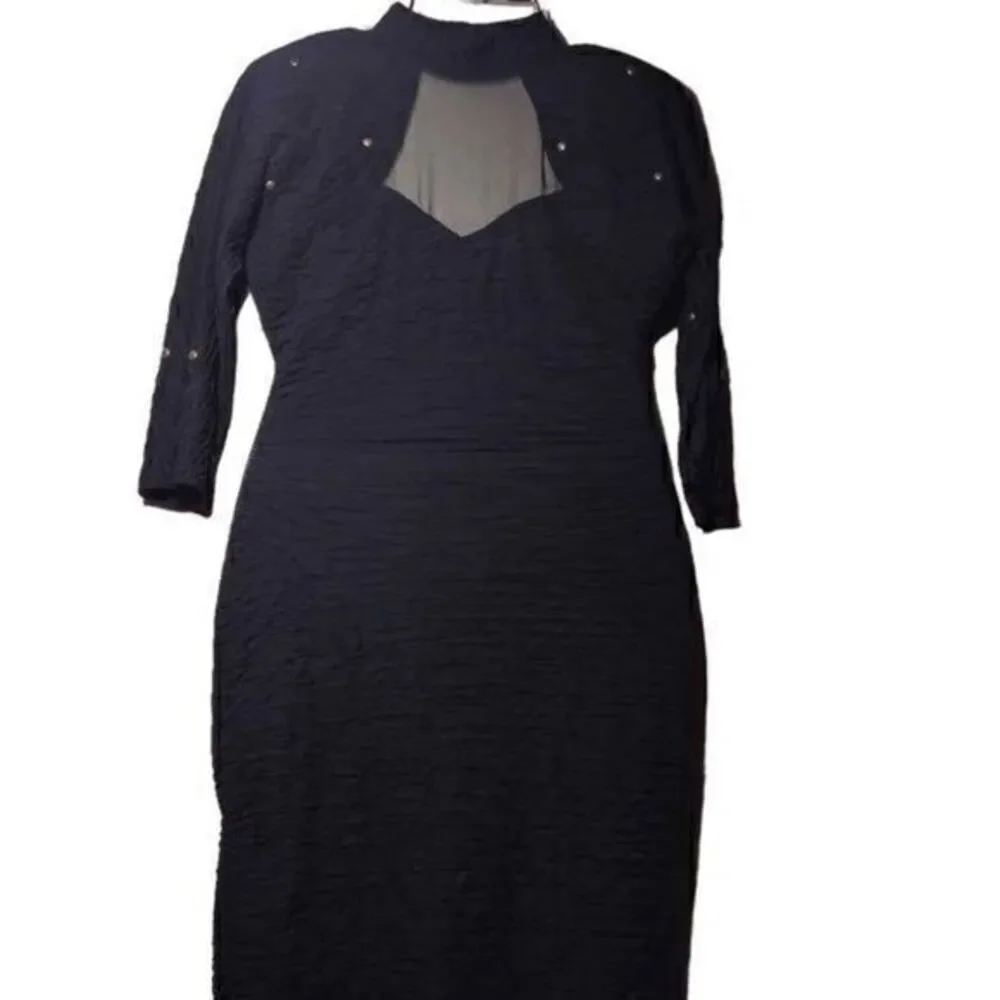Absolutely! 80s Black Bodycon Mini Dress with Brass Stud Detailing and Choker Ne